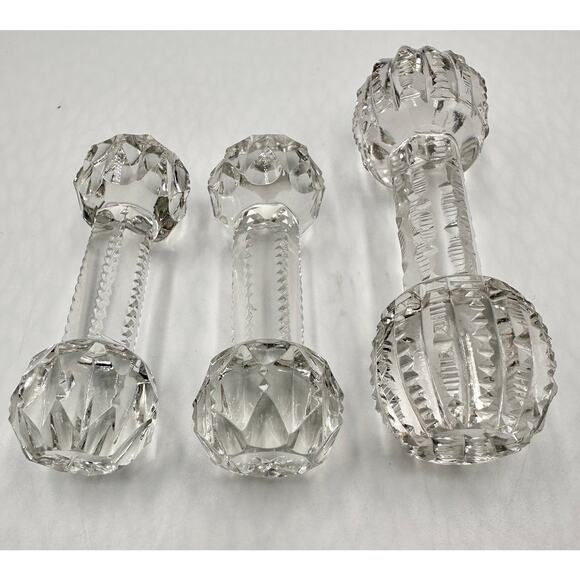 Antique American Brilliant Crystal Cut Glass Faceted Barbell Knife Rest Set of 3 - Picture 6 of 9